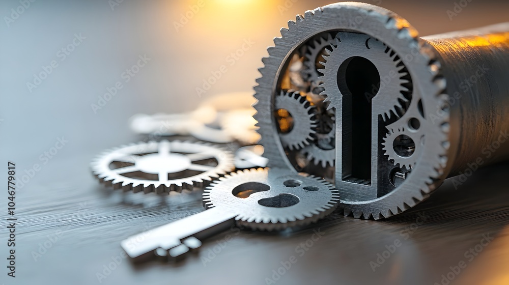 Poster Closeup view of a keyhole showcasing the intricate inner gears and mechanisms softly illuminated by a warm glowing bokeh effect representing the precision and security of technological systems