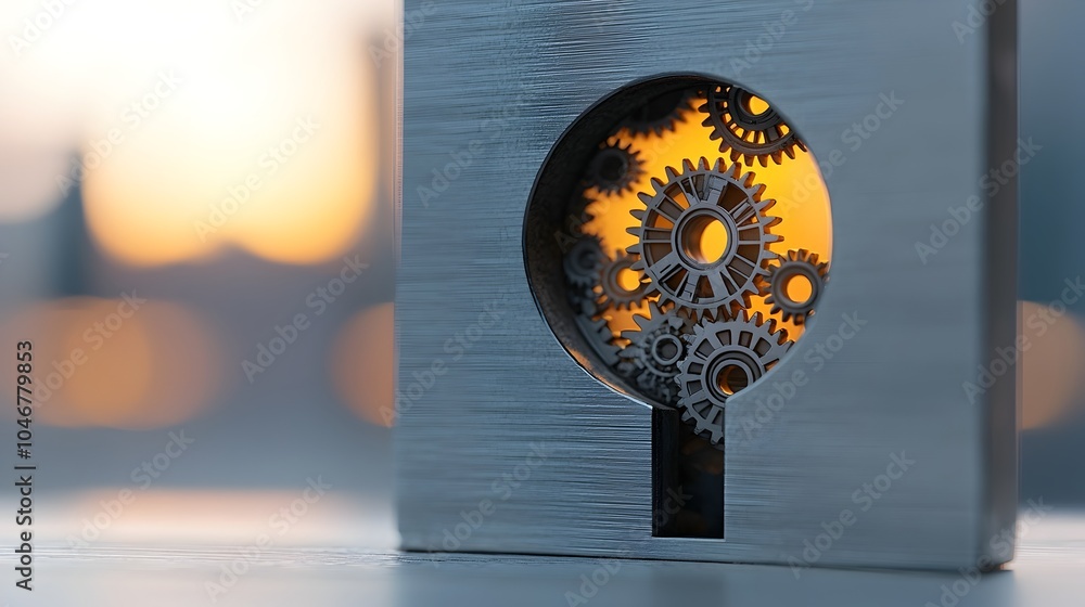 Poster Close up view of a keyhole opening to reveal a detailed complex gear system mechanism inside illuminated by a warm glowing bokeh background that adds depth and texture to the industrial