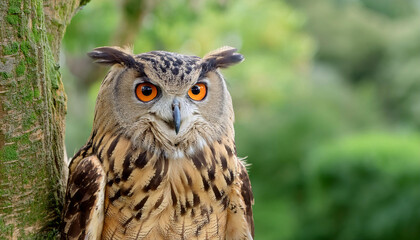 Fototapeta premium A Wise Owl Perched on Tree in a Lush Garden and Copy Space