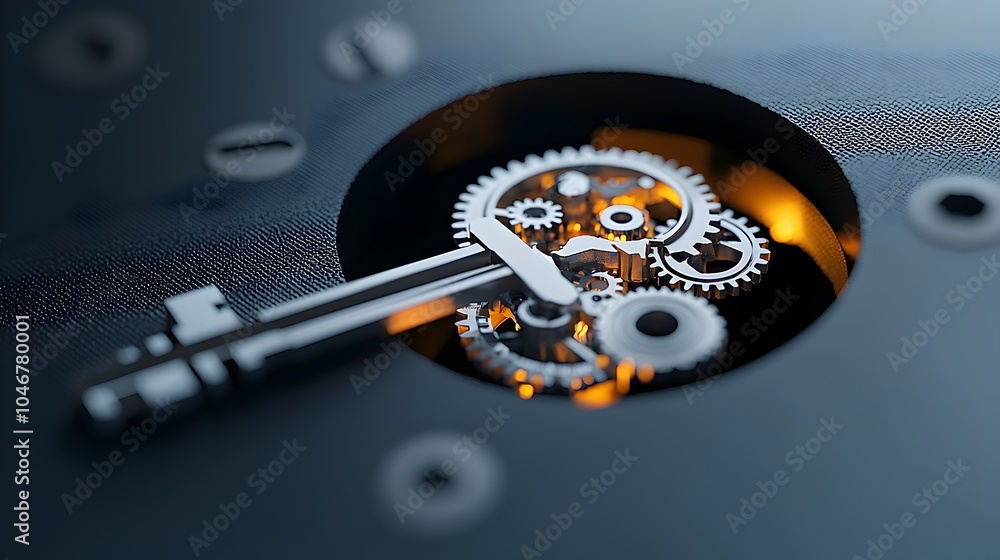 Poster Close up of a keyhole revealing a complex glowing gear mechanism inside symbolizing the unlocking of technological innovations and the potential for new discoveries