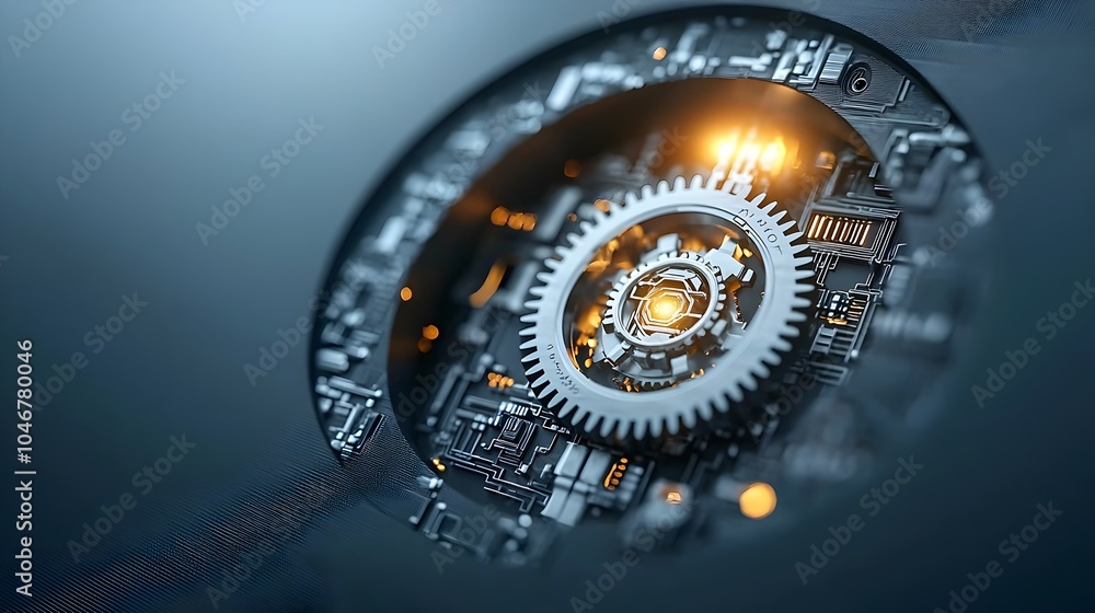 Poster Close up view of a complex gear mechanism visible inside a keyhole glowing warmly and surrounded by soft blurred light symbolizing the unlocking and revealing of technological secrets and innovations