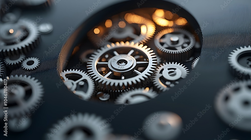 Poster Close up view of detailed gears turning inside a keyhole highlighted by a warm glowing bokeh effect symbolizing the concepts of security mechanics and access