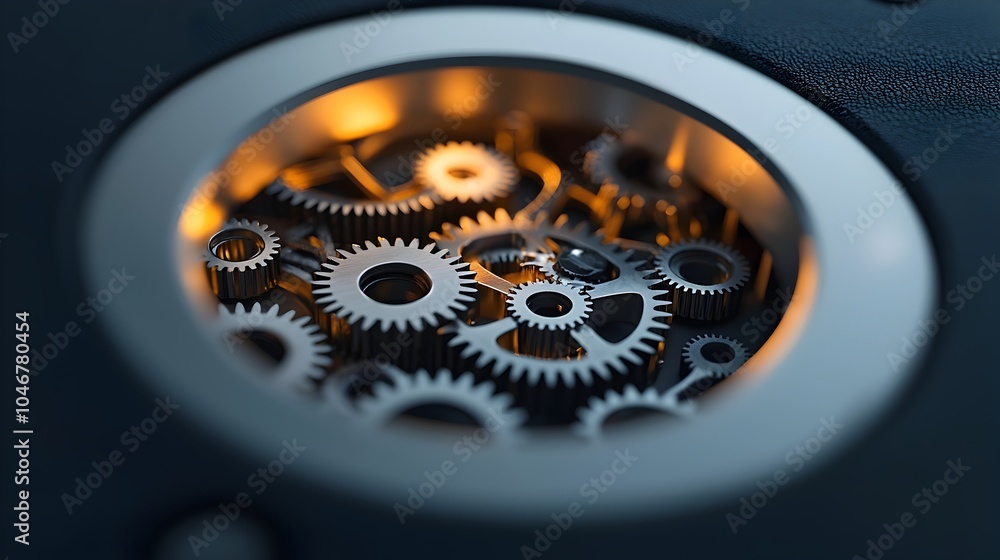 Poster Close up of an intricate keyhole revealing the detailed inner workings of mechanical gears bathed in a warm glowing light and surrounded by a beautiful bokeh effect representing security technology