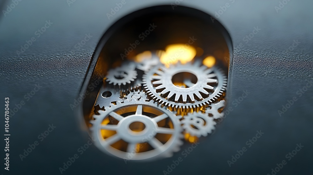 Poster Close up of an intricate keyhole revealing the detailed inner gears and mechanisms bathed in a warm glowing light and surrounded by a beautiful bokeh effect