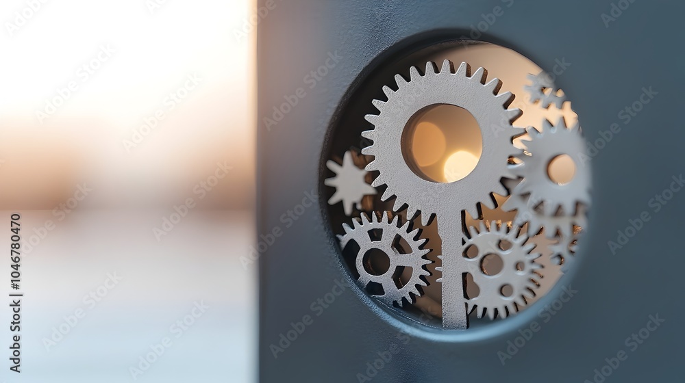 Poster Close up view of a keyhole showcasing the intricate gears and mechanics within bathed in a warm glowing light and surrounded by a beautiful bokeh effect representing the concept of security