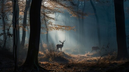 Stag in misty forest with dramatic sunlight