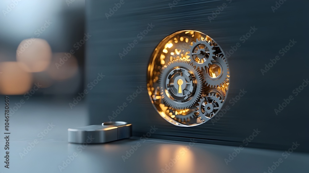 Poster Keyhole with Intricate Gears Visible Inside Glowing Warmly with a Soft Bokeh Background Symbolizing the Unlocking of Precision Mechanics and Advanced Technology