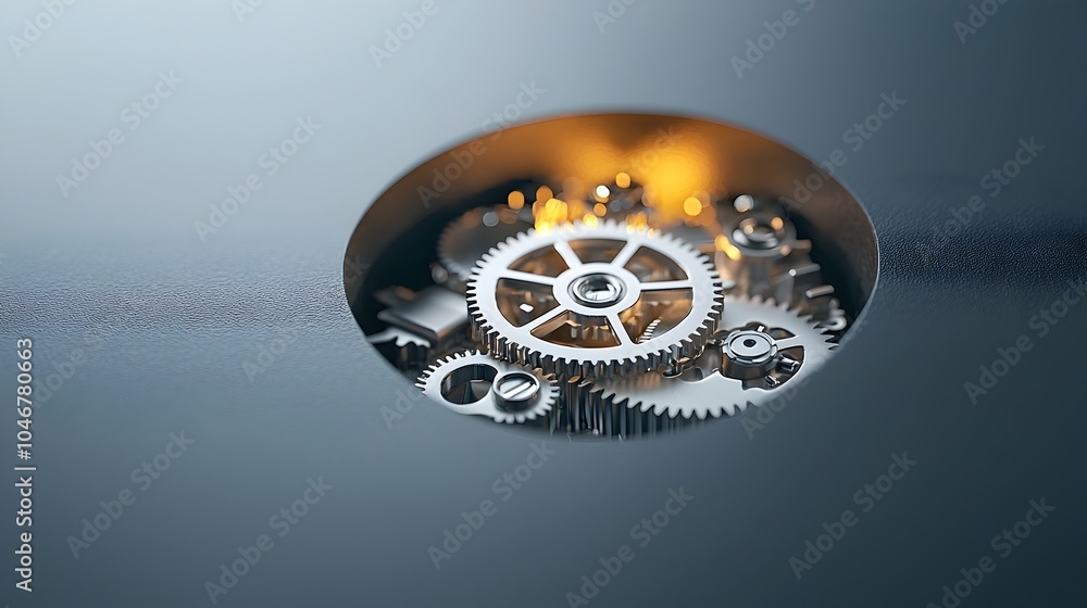 Poster Glowing keyhole with an intricate array of gears visible inside symbolizing the unlocking of advanced technology and precision engineering  The warm