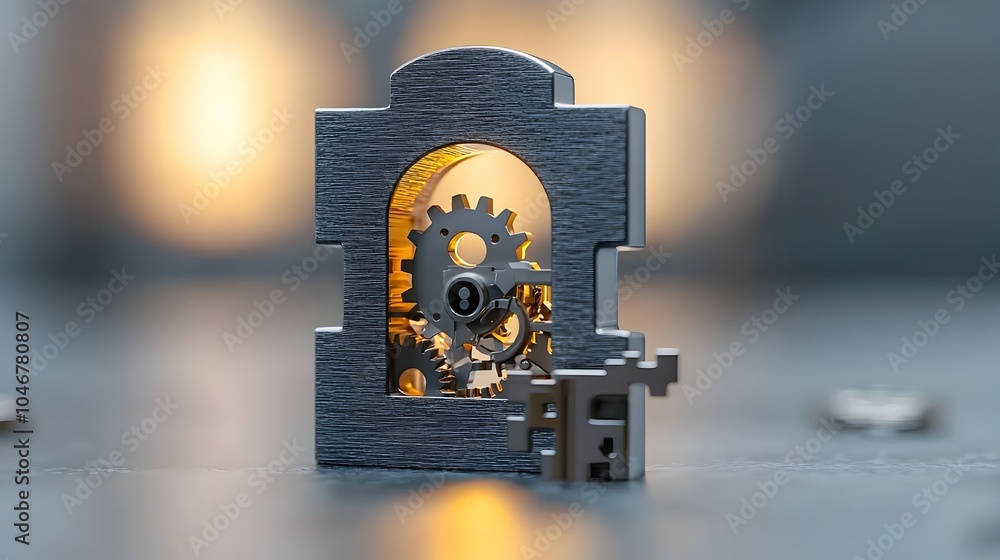 Poster A glowing keyhole with an intricate gear mechanism visible inside surrounded by a soft bokeh glow in the background symbolizing the concepts of precision security and technological innovation