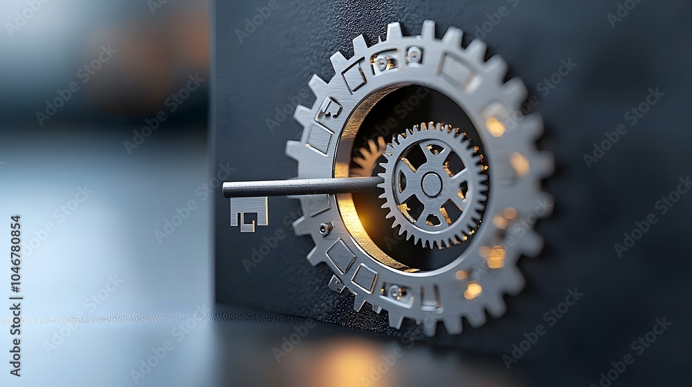 Poster Close up view of a keyhole revealing the intricate internal gear mechanism glowing softly with a warm and elegant bokeh lighting effect representing the concepts of security precision
