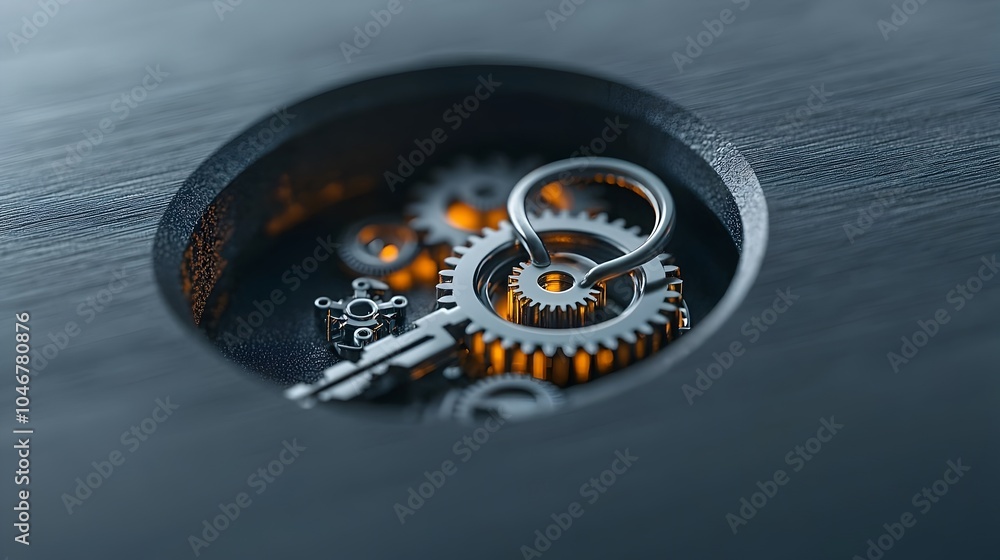 Poster Close up view of a detailed internal gear mechanism inside a keyhole softly glowing with warm and hazy bokeh lighting representing the concepts of security precision technology and engineering