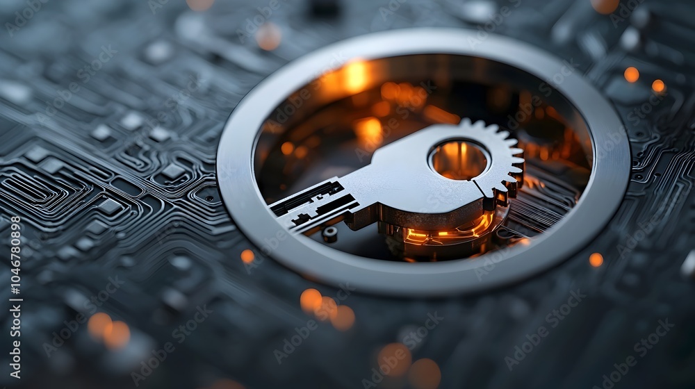 Poster Close up view of a detailed internal gear mechanism inside a keyhole glowing softly with a warm bokeh lighting effect representing the concepts of security precision and advanced technology