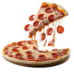pizza pepperoni on white background with falling sausages and melting cheese