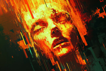 Abstract Fragmented Human Face Dissolving into Pixels with Neon Highlights