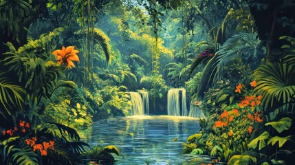 Lush tropical rainforest with cascading waterfalls, vibrant foliage and a still pond.
