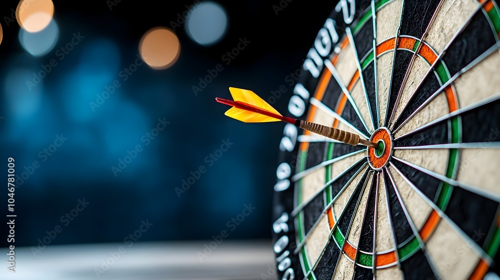 Poster close up view of a dartboard with an arrow striking the bullseye glowing softly against a dark blue 
