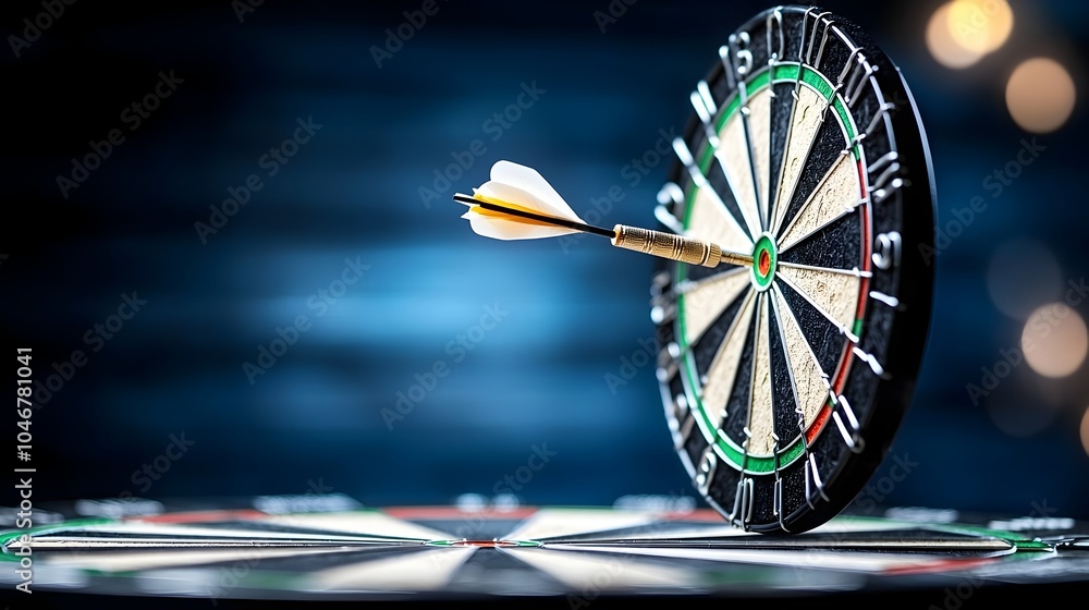Poster close up of a dartboard with an arrow hitting the bullseye glowing softly against a dark blue backgr