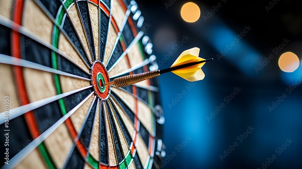 Poster close up view of a dartboard with an arrow precisely hitting the center bull s eye glowing softly ag