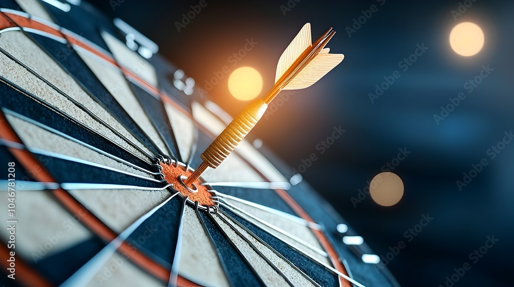 Poster close up of a dartboard with a glowing arrow illuminated by a warm soft bokeh light set against a da