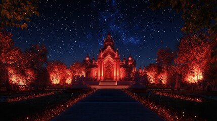 Majestic Night View of a Lit Temple in a Starry Sky