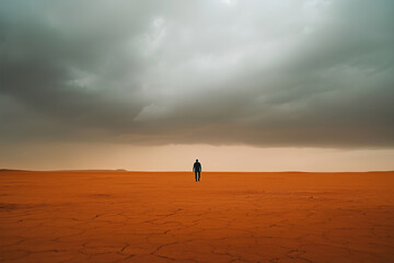 Solitary Abstract Figure in a Vast Desert Under an Overcast Sky