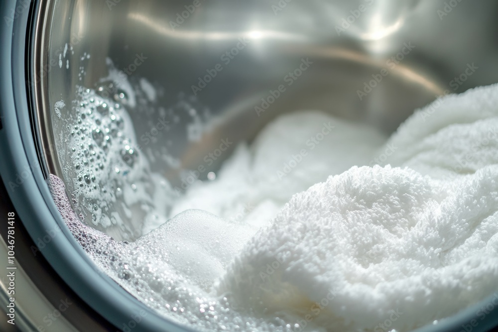 Poster the washing machine drum rotates, filled with fluffy white towels soaking in soapy water during a la