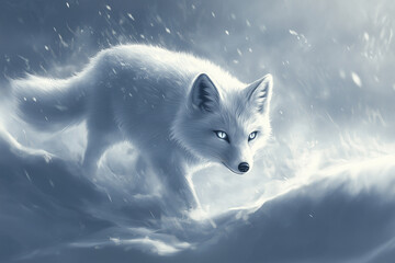Arctic Fox Walking Through a Snowstorm with Glowing Eyes