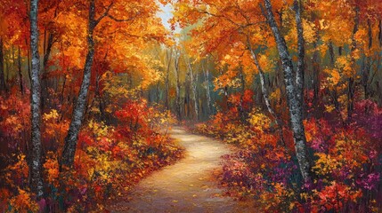 Naklejka premium A vibrant autumn landscape with a winding path surrounded by colorful foliage.