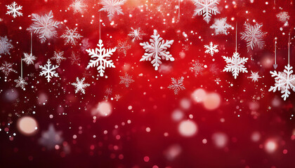 Snowflakes fall gently on a red Christmas background filled with festive holiday colors_1(717)