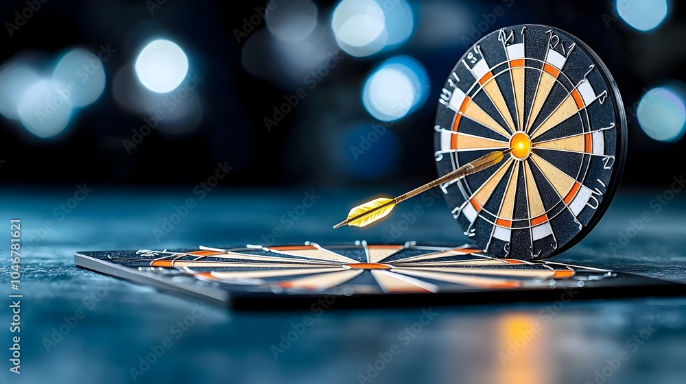 Poster glowing dartboard with a single arrow hitting the target surrounded by a soft warm light and bokeh g