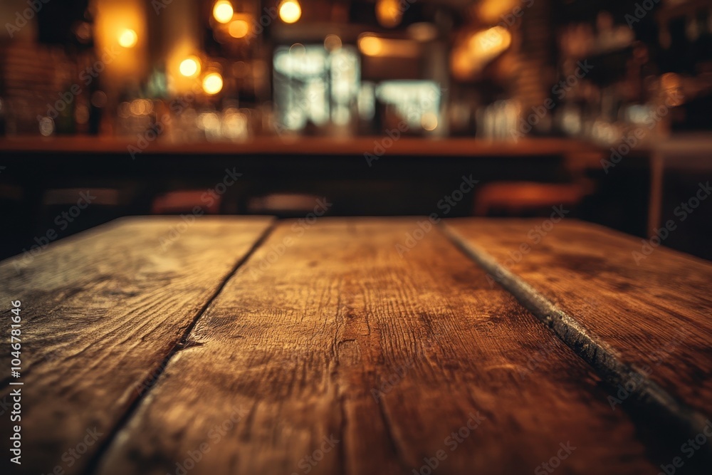 Poster close-up of a rustic wooden table in a dimly lit bar setting with a blurred background.