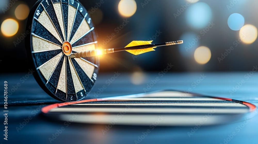 Poster a single arrow striking the center of a dartboard illuminated by a soft warm glow and surrounded by 