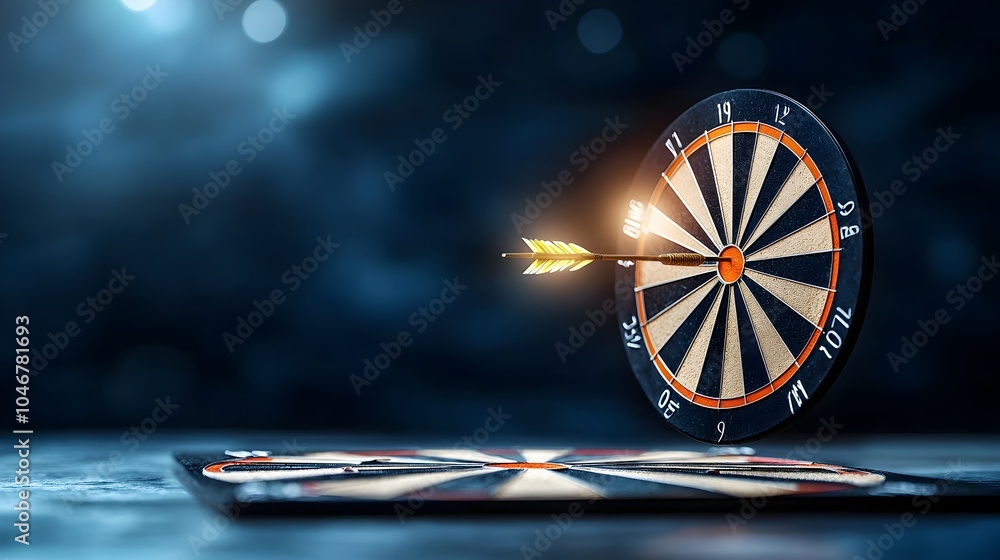 Poster dartboard with a single arrow hitting the target glowing with soft warm light and surrounded by a bo