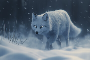 Arctic Fox Walking Through a Snowstorm with Glowing Eyes