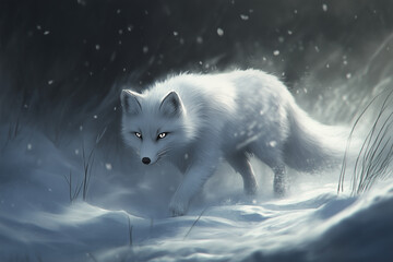 Arctic Fox Walking Through a Snowstorm with Glowing Eyes