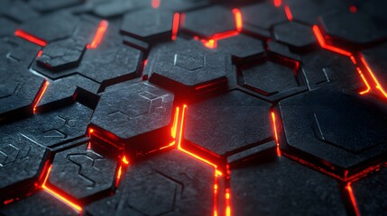 
Dark futuristic hexagons background with red glow breaking out, 3d render illustration