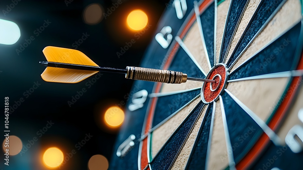 Poster close up of an arrow precisely hitting the bullseye of a dartboard with warm glowing bokeh lights il