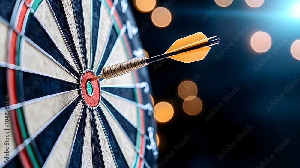 Poster close up shot of an arrow piercing the center of a dartboard with the impact illuminated by a warm g