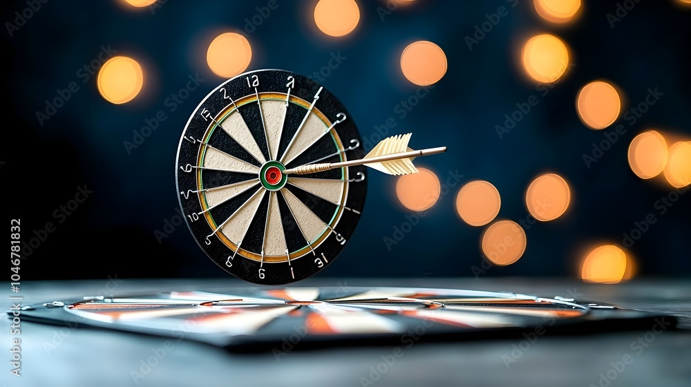 Aufkleber close up of an arrow striking the bullseye on a dartboard illuminated by warm glowing bokeh lights a