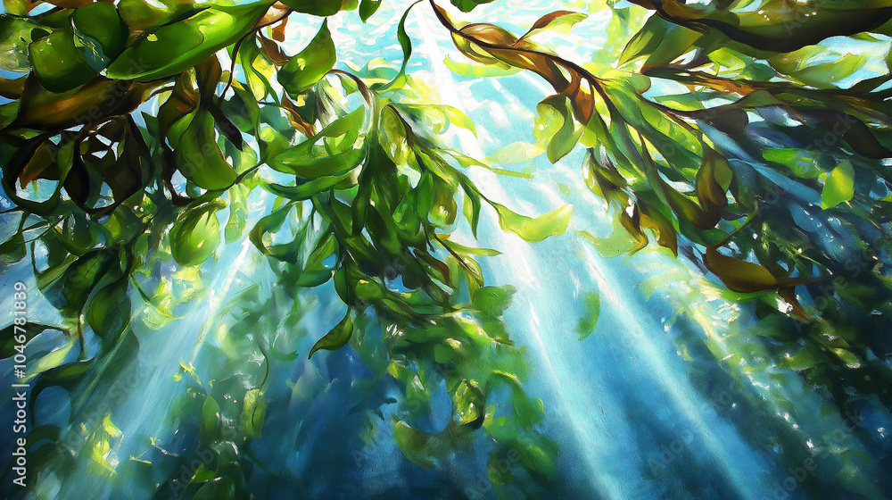 Poster a dense forest of kelp sways gently in the ocean currents. shafts of sunlight filter through the wat
