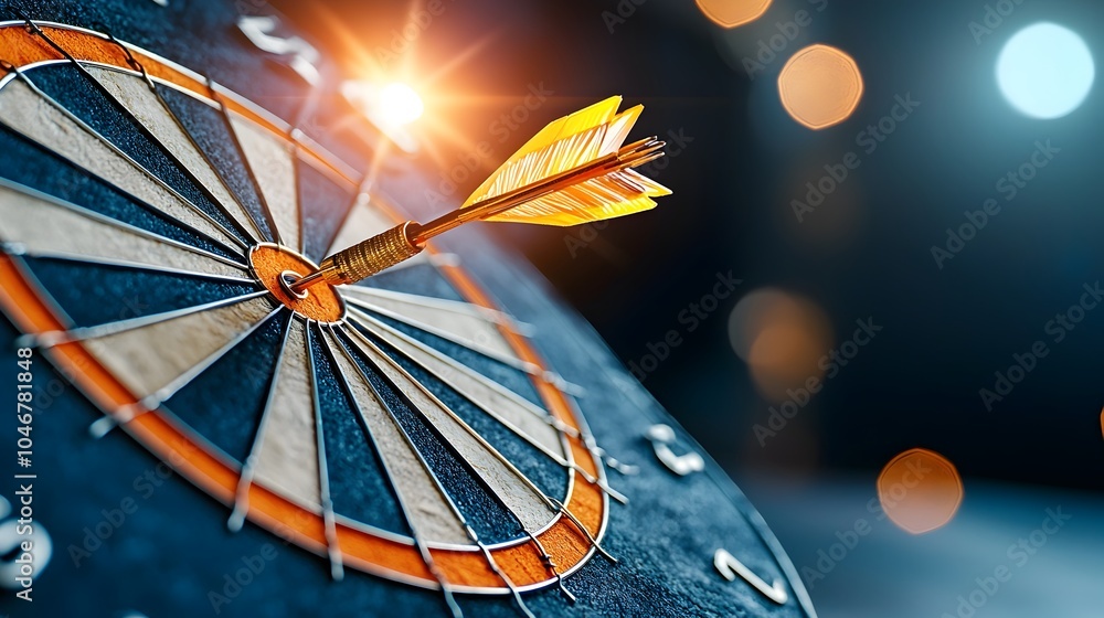 Poster close up shot of a glowing arrow piercing the bullseye of a dartboard surrounded by a warm blurred b