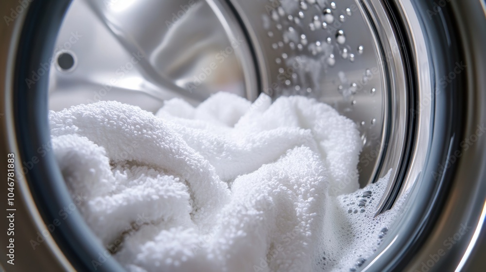 Poster a washing machine drum is packed with soft, white towels soaking in soapy water after a wash cycle, 