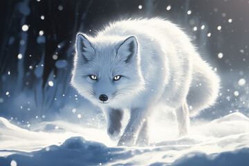 Arctic Fox Walking Through a Snowstorm with Glowing Eyes