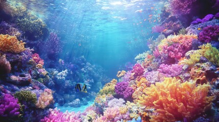 Naklejka premium A vibrant coral reef with colorful fish and corals.