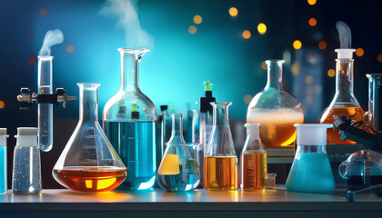Aacid and chemical reactions, featuring elements like a laboratory setup, acid bottles, and chemical flasks, symbolizing chemistry, reactions, and scientific study.