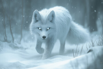 Arctic Fox Walking Through a Snowstorm with Glowing Eyes