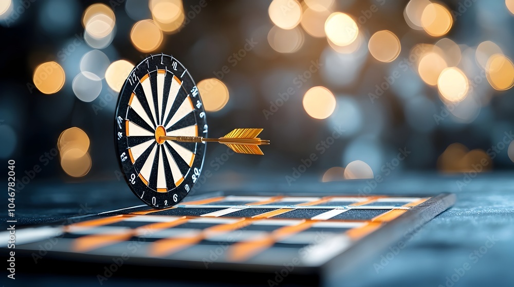 Poster focused arrow hitting dartboard with warm bokeh light on dark blue background representing success a