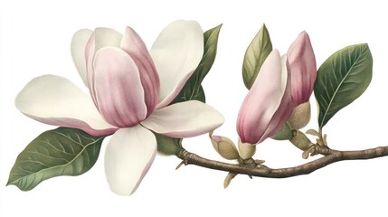 A white magnolia flower with pink highlights, with buds and leaves on a branch.