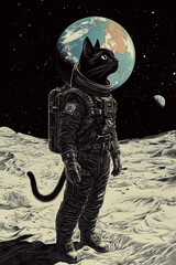 Black Cat on the Moon in Futuristic Spacesuit with Earth in View