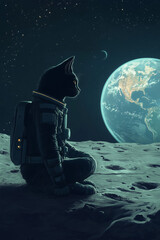 Black Cat on the Moon in Futuristic Spacesuit with Earth in View